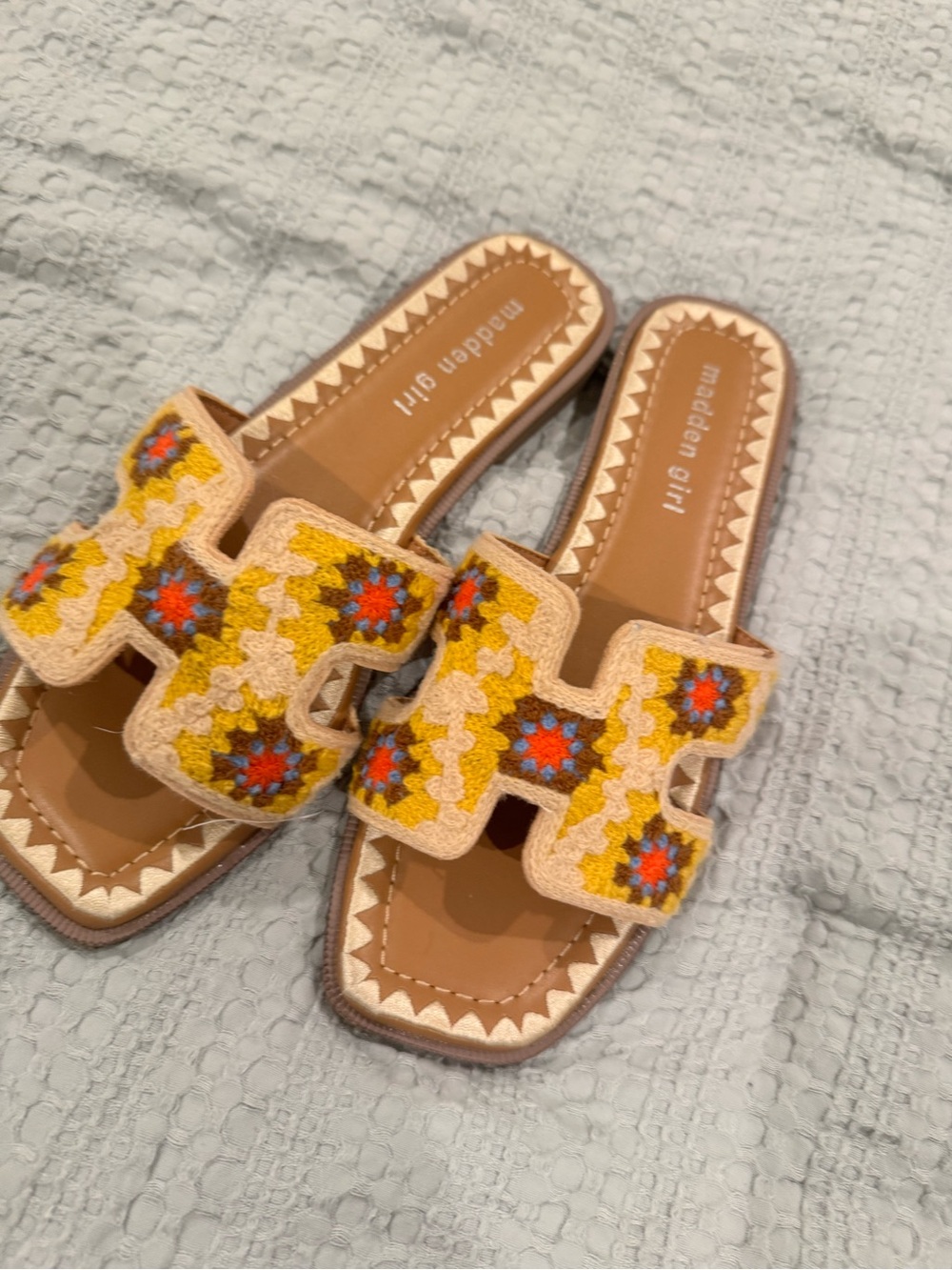 Madden Girl Yellow Crochet Slide Sandals with Multicolor Floral Accents